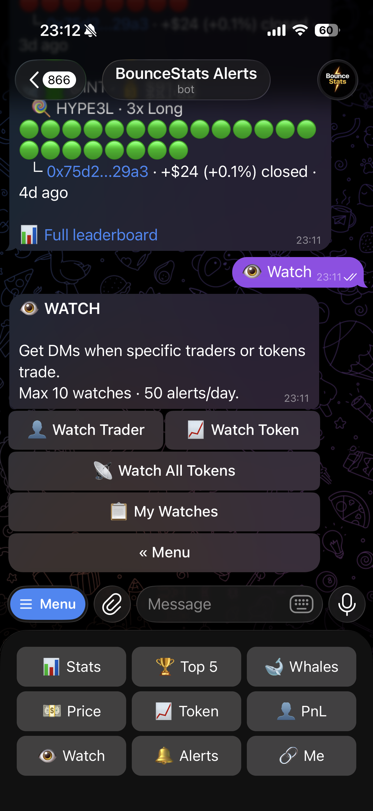 BounceStats Telegram bot showing watch menu and leaderboard